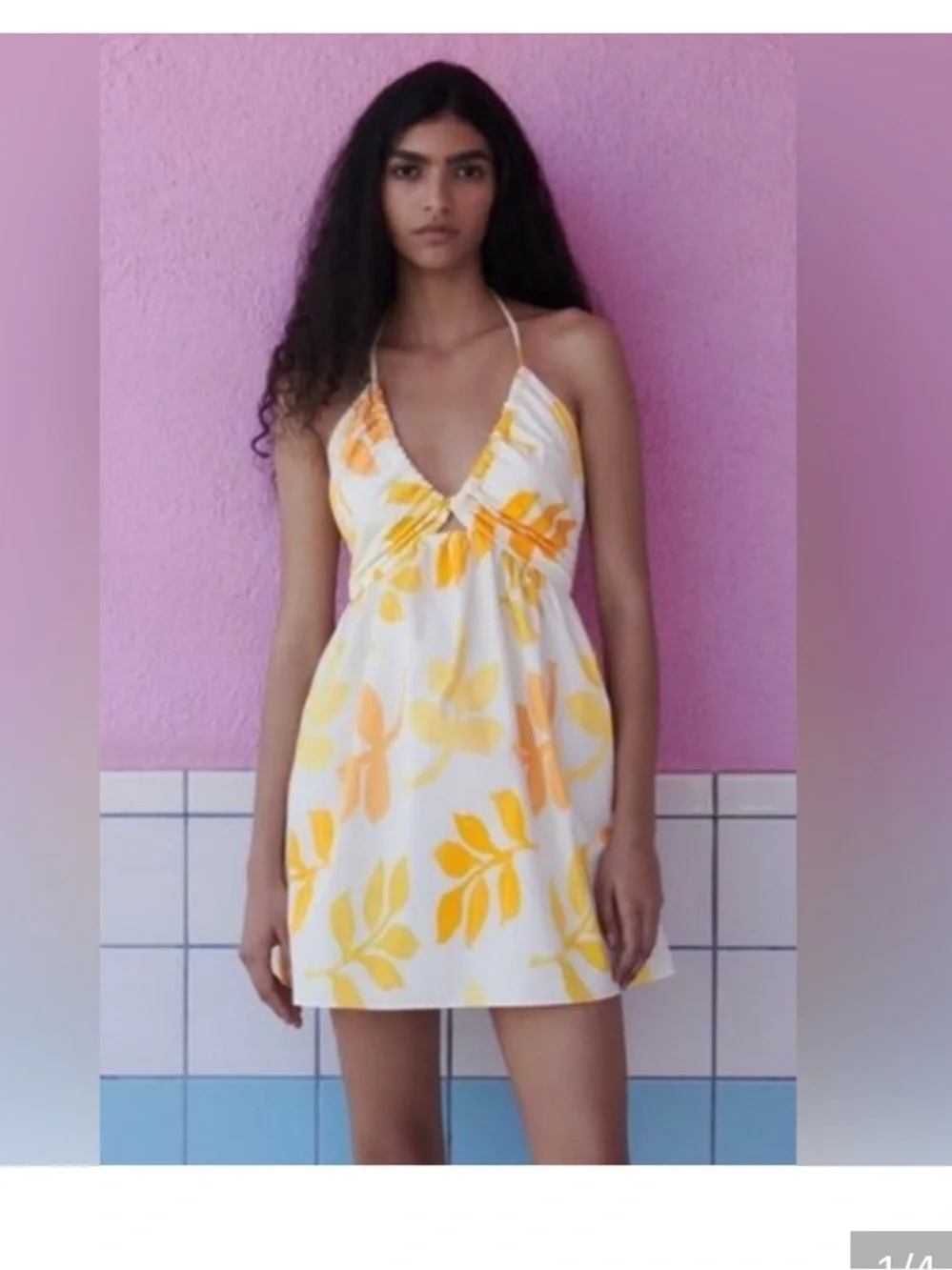 Zara Orange and Yellow Mini Halter Dress floral cutout summer casual resort $78